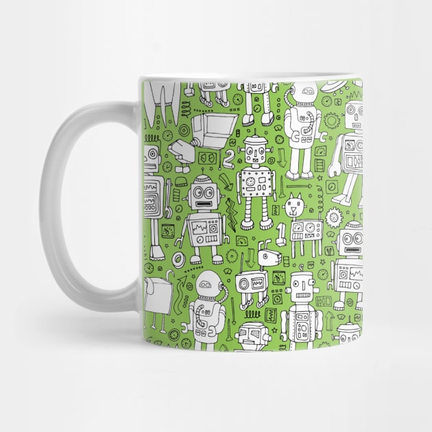 Robots in Space - retro green pattern by Cecca